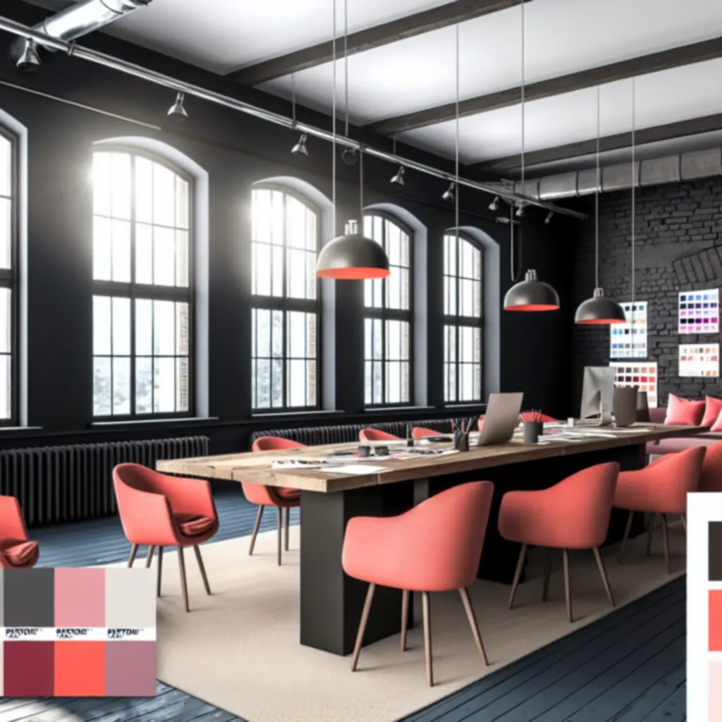 Przestrzeń robocza studia projektowego z materiałami brandingowymi